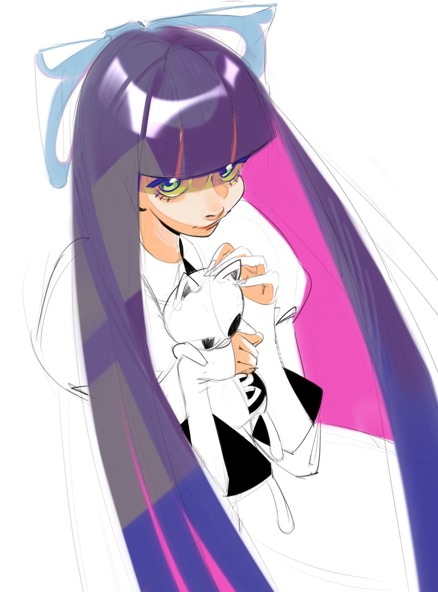 stocking (psg), panty & stocking with garterbelt, commentary, highres, 1girl, an33dl, blue bow, blunt bangs, bow, closed mouth, dress, eyelashes, green eyes, hair bow, holding, juliet sleeves, lineart, long hair, long sleeves, looking at viewer, puffy sleeves, purple hair, simple background, smile