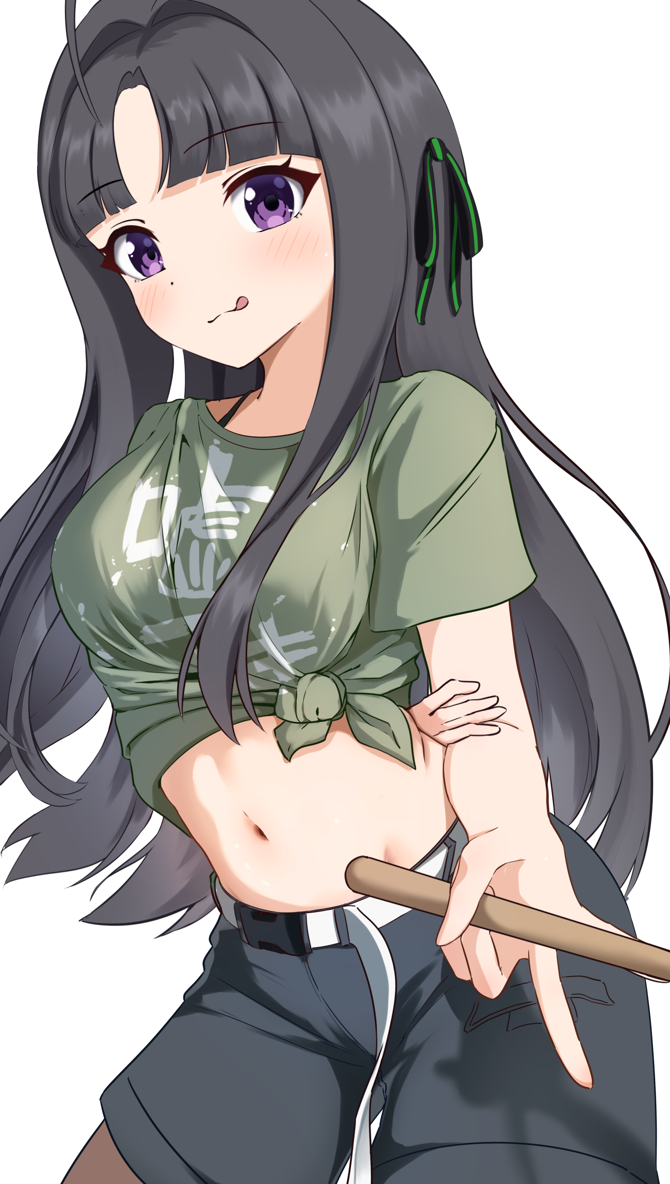 nanafuku, awa subaru, girls band cry, absurdres, commentary request, highres, 1girl, belt, black hair, black shorts, blush, bra strap, breasts, closed mouth, cowboy shot, drumsticks, green shirt, hair intakes, hair ribbon, holding, holding drumsticks, large breasts, long hair, midriff, pantyhose, pantyhose under shorts, parted bangs, ribbon, shikai no sumi kuchiru oto, shirt, shorts, simple background, solo, tongue, tongue out, white background, white belt