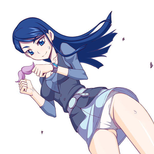 caryo, nanashino, minazuki karen, precure, yes! precure 5, 00s, 1girl, blouse, blue shirt, female focus, panties, pantyshot, shirt, simple background, smile, solo, split mouth, underwear, upskirt, white background