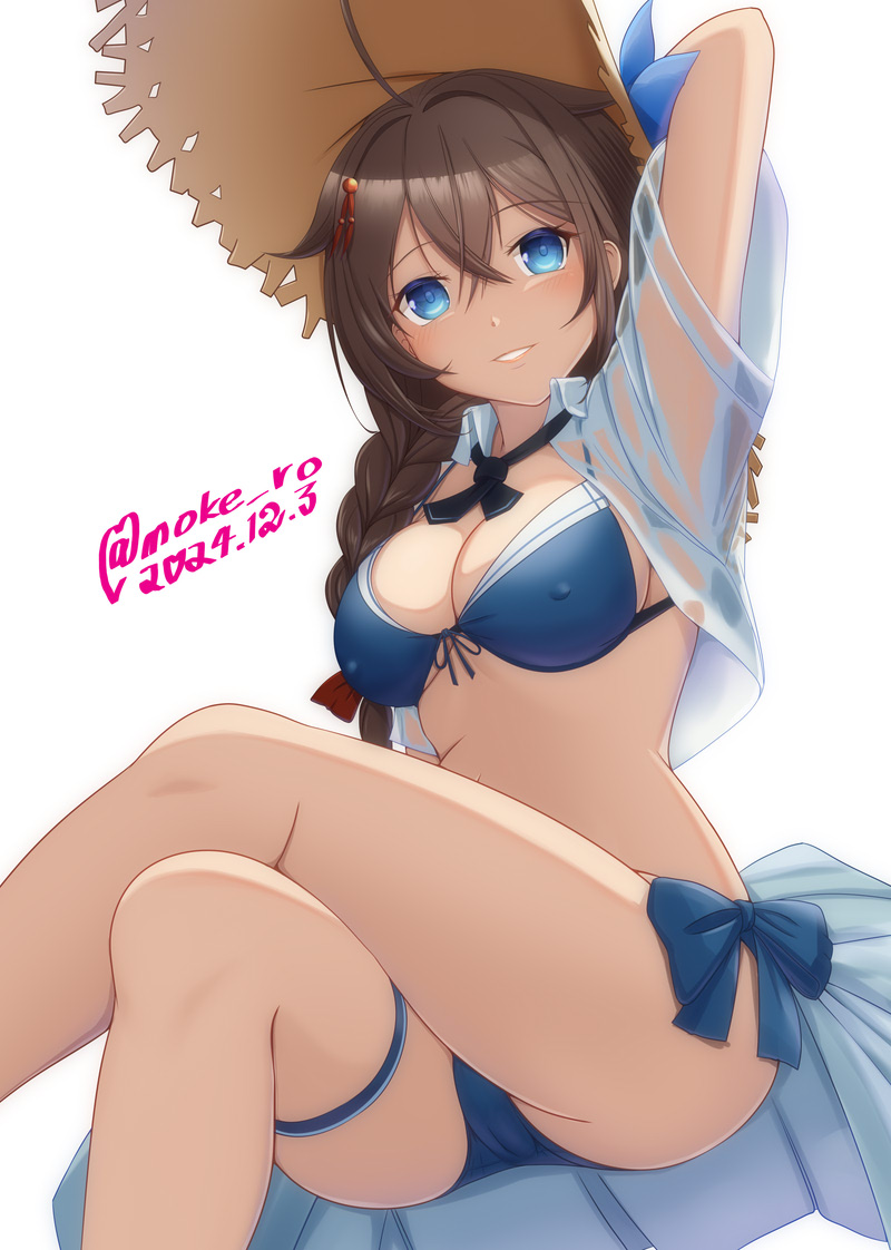 moke ro, shigure (kancolle), shigure kai san (kancolle), shigure kai san (swimsuit) (kancolle), kantai collection, commentary request, 1girl, alternate costume, bikini, black ribbon, blue bikini, braid, breasts, brown hat, collared shirt, crossed legs, dated, dress shirt, feet out of frame, front-tie bikini top, front-tie top, hair flaps, hair over shoulder, hat, neck ribbon, official alternate costume, open clothes, open shirt, parted lips, ribbon, sample watermark, see-through clothes, see-through shirt, shirt, side-tie bikini bottom, simple background, single braid, sitting, smile, solo, straw hat, sun hat, swimsuit, twitter username, watermark, white background, white shirt