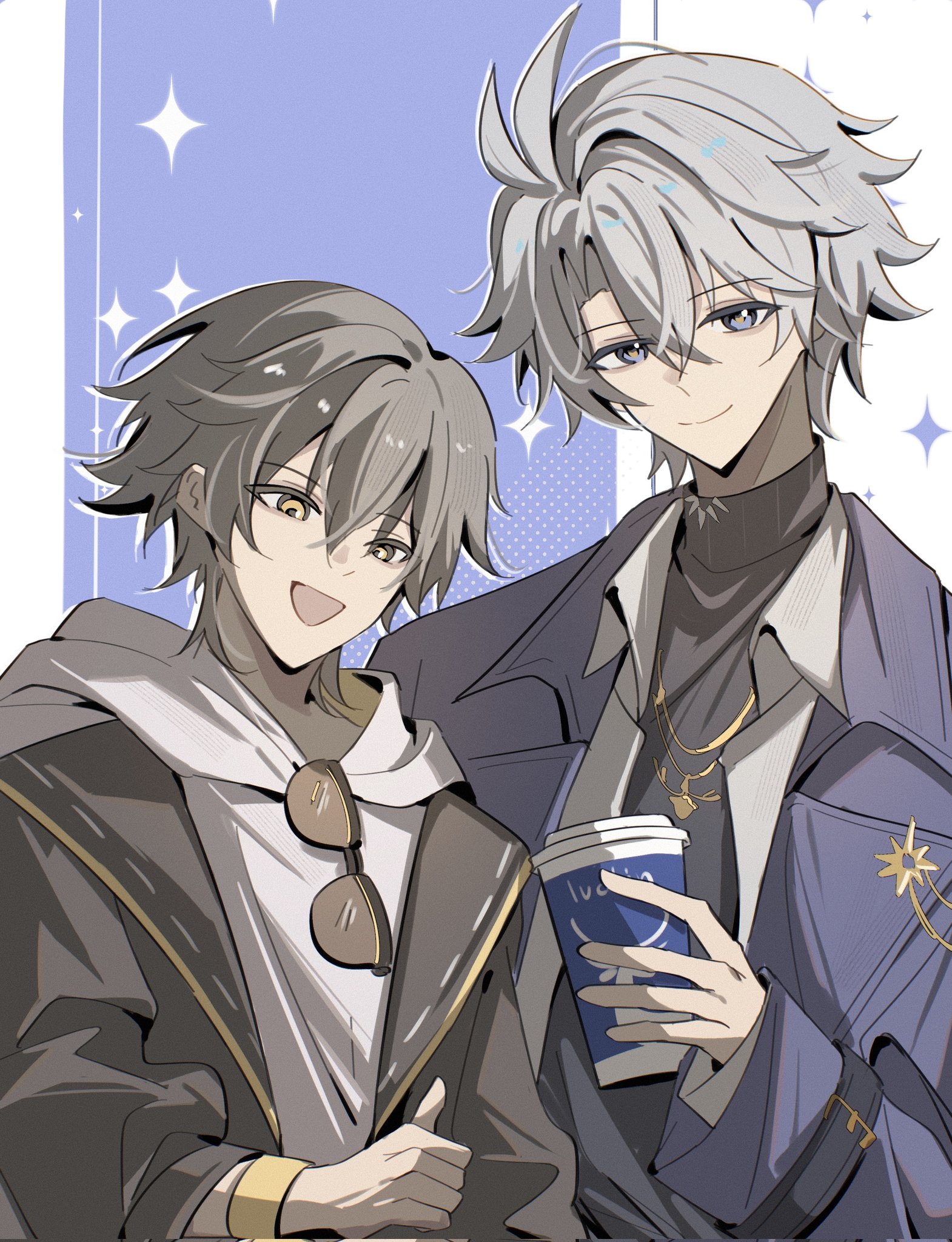 caelus (honkai: star rail), caelus (world tour 2023) (honkai: star rail), phainon (honkai: star rail), trailblazer (honkai: star rail), honkai: star rail, honkai (series), highres, 2boys, antenna hair, black-framed eyewear, black coat, black sweater, blue eyes, blue jacket, border, bracelet, chain, chain necklace, closed mouth, coat, cup, disposable coffee cup, disposable cup, gold bracelet, gold necklace, grey hair, hair between eyes, holding, holding cup, hood, hoodie, jacket, jewelry, lapels, long sleeves, looking at viewer, looking down, male focus, multiple boys, necklace, official alternate costume, open mouth, outside border, phainon (luckin coffee) (honkai: star rail), puffy long sleeves, puffy sleeves, purple background, satohyamabuki, short hair, smile, sparkle background, star ornament, sunglasses, sweater, turtleneck, turtleneck sweater, unworn eyewear, upper body, white border, white hoodie, yellow eyes