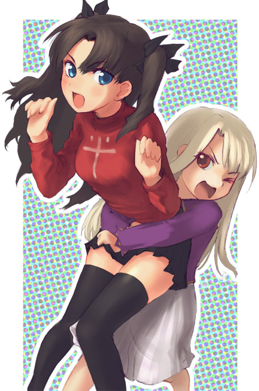 negy, illyasviel von einzbern, tohsaka rin, fate/stay night, fate (series), black legwear, 00s, 2girls, age difference, child, hug, long legs, multiple girls, onee-loli, thighhighs, yuri, zettai ryouiki