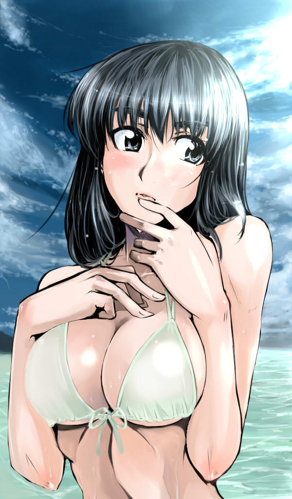 cosaten, suou mikoto (school rumble), original, school rumble, 00s, 1girl, bikini, black eyes, black hair, breasts, breasts squeezed together, female focus, finger to mouth, front-tie top, large breasts, sky, solo, swimsuit, water, wet