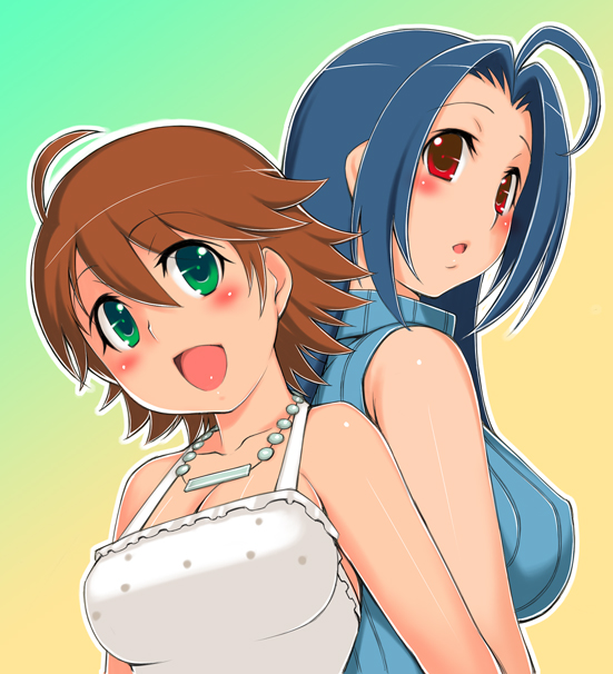 seki suzume, awakened miki, hoshii miki, miura azusa, idolmaster, idolmaster (classic), idolmaster 1, 00s, bare shoulders, blue hair, brown hair, long hair, short hair, sleeveless, sleeveless turtleneck, tank top, turtleneck
