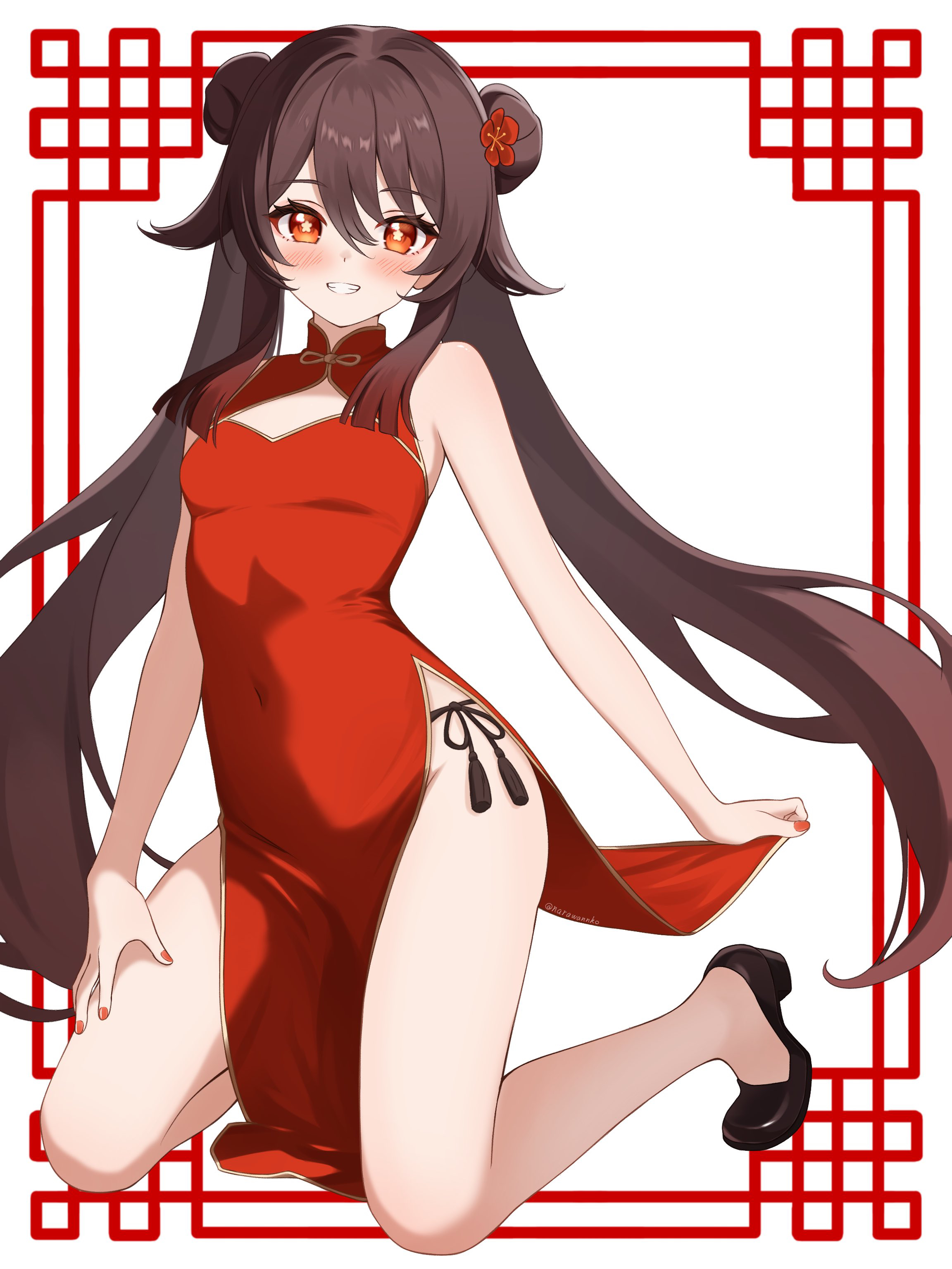 narawannko, hu tao (genshin impact), genshin impact, absurdres, commentary request, highres, 1girl, alternate costume, black shoes, blush, breasts, brown hair, china dress, chinese clothes, double bun, dress, fingernails, flower-shaped pupils, grin, hair between eyes, hair bun, kneeling, long hair, looking at viewer, nail polish, red dress, red eyes, red nails, shoes, sleeveless, sleeveless dress, small breasts, smile, solo, symbol-shaped pupils, twintails, very long hair, white background