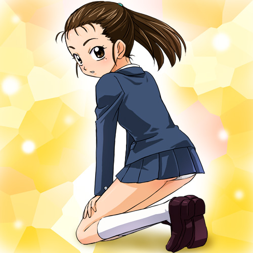 haruyama kazunori, nagasawa katsuko, futari wa precure, precure, lowres, 00s, kneeling, panties, ponytail, school uniform, serafuku, socks, solo, underwear