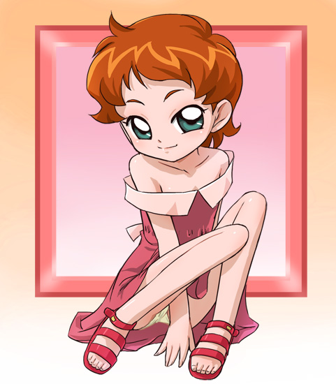 haruyama kazunori, suzuka (sou nanda), omoikkiri kagaku adventure sounanda, bare shoulders, feet, panties, pantyshot, sandals, solo, toes, underwear