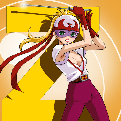haruyama kazunori, sakura-chan (zenderman), sakura (zenderman), tatsunoko production, time bokan (series), zenderman, visor, lowres, 1970s (style), 1girl, armpit peek, armpits, arms up, belt, belt buckle, blonde hair, breasts, buckle, cleavage, female focus, floating hair, glint, gloves, green eyes, grin, helmet, holding, leaning back, lipstick, long hair, looking at viewer, looking back, makeup, medium breasts, oldschool, pants, ponytail, retro artstyle, ribbon, riding crop, shadow, shirt, smile, solo, spiked hair, standing, weapon