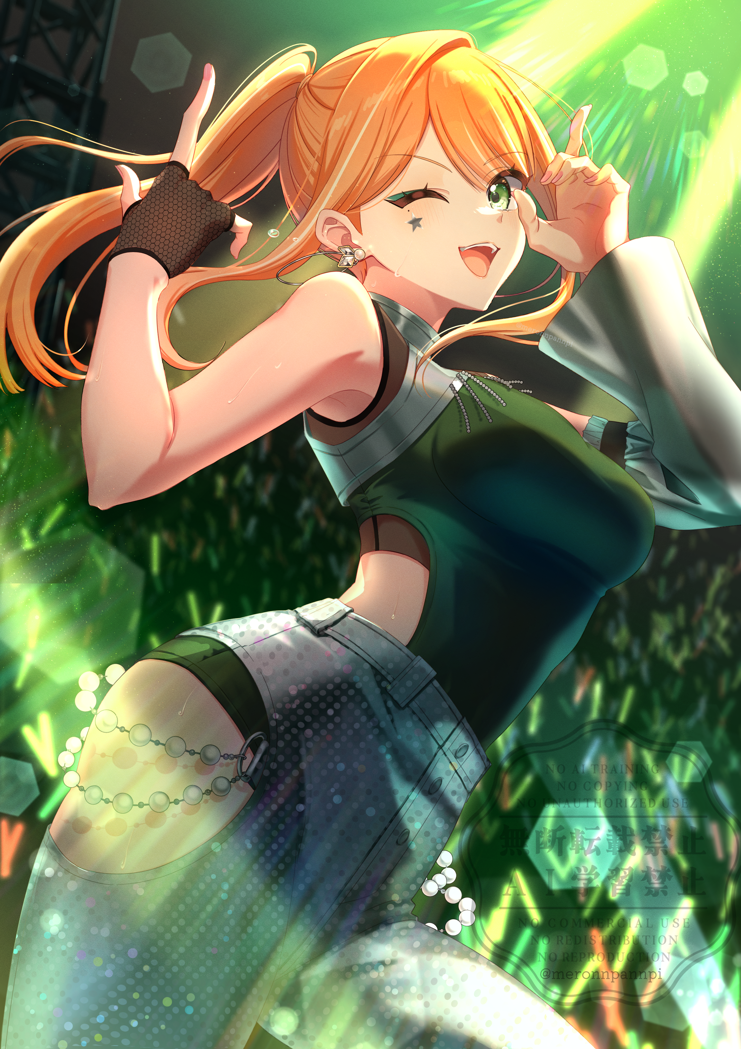 meronnpannpi, shiun sumika, gakuen idolmaster, idolmaster, absurdres, highres, 1girl, :d, blue pants, breasts, detached sleeves, earrings, facial mark, fingerless gloves, gloves, green eyes, green shirt, jewelry, long hair, looking at viewer, love&joy, medium breasts, one eye closed, open mouth, orange hair, pants, ponytail, shirt, single detached sleeve, smile, solo, star (symbol), star facial mark