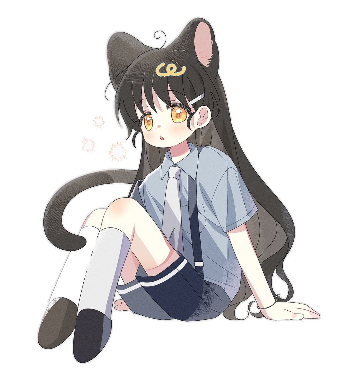 yalmyu, original, highres, 1girl, animal ears, blue shirt, blue shorts, blush, brown hair, brown shoes, cat ears, cat girl, cat tail, collared shirt, full body, hair ornament, hairclip, kneehighs, knees up, long hair, open mouth, shirt, shoes, short sleeves, shorts, simple background, sitting, socks, solo, tail, white background, white socks, yellow eyes
