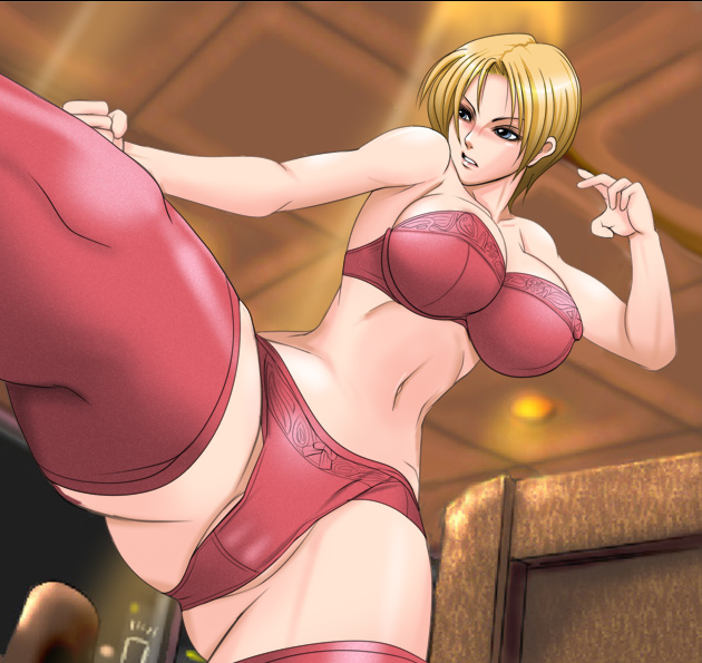mokusa, king (snk), ryuuko no ken, snk, the king of fighters, 1girl, blonde hair, blue eyes, bra, breasts, female focus, fighting stance, foreshortening, kicking, large breasts, lingerie, navel, panties, partially visible vulva, red bra, red panties, red thighhighs, short hair, solo, thick thighs, thighhighs, thighs, toned, toned female, underwear, underwear only