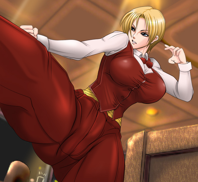 mokusa, king (snk), ryuuko no ken, snk, the king of fighters, 1girl, blonde hair, blue eyes, breasts, female focus, fighting stance, foreshortening, formal clothes, kicking, large breasts, pant suit, pants, shirt, short hair, solo, suit, tight clothes, tight shirt, vest