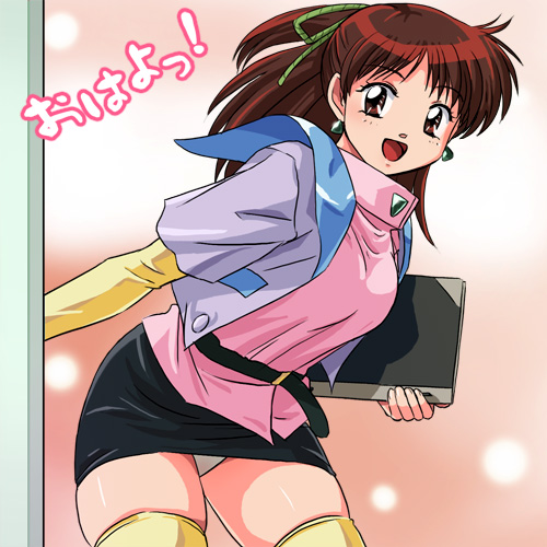 haruyama kazunori, anice farm, chouon senshi borgman, lowres, 1990s (style), 1girl, belt, brown eyes, brown hair, clipboard, earrings, female focus, half updo, jewelry, panties, pantyshot, pencil skirt, ponytail, retro artstyle, skirt, solo, thighhighs, turtleneck, underwear, zettai ryouiki