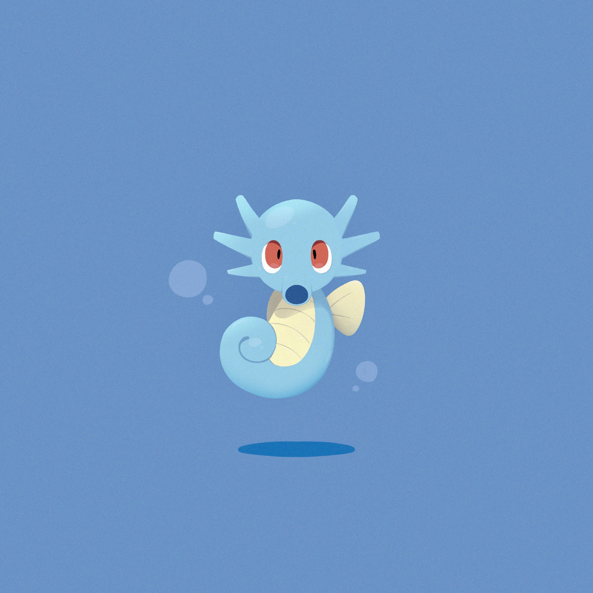afuron, horsea, nintendo, pokemon, commentary request, highres, :o, blue background, bubble, full body, gen 1 pokemon, looking at viewer, no humans, open mouth, pokemon (creature), pokemon focus, red eyes, solo