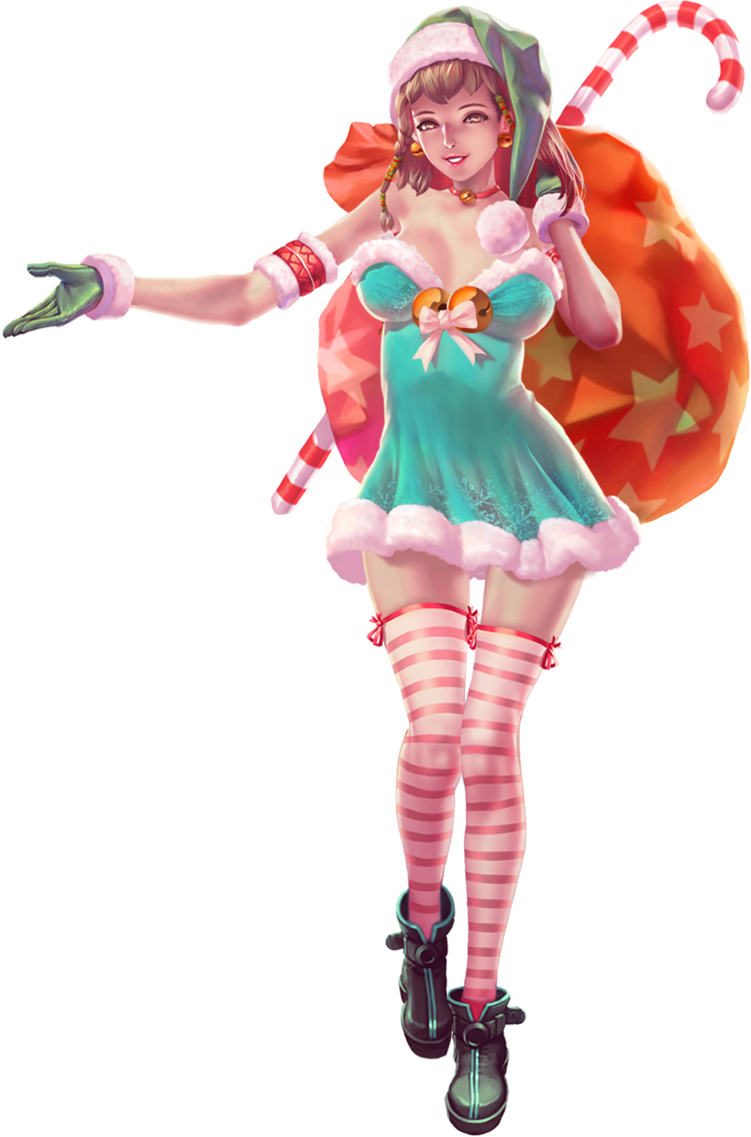 naku (crystal maidens), crystal maiden (series), artist request, game cg, highres, official art, variant set, 1girl, bare shoulders, bell, bow, braid, breasts, brown hair, candy, cleavage, collar, food, full body, gloves, hat, jingle bell, jingle bell earrings, pantyhose, santa hat, shoes, short hair, smile, solo, star (symbol), star print, striped clothes, striped pantyhose, transparent background, white bow