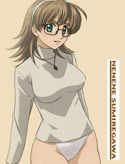 haruyama kazunori, sumiregawa nenene, r.o.d the tv, read or die, 00s, 1girl, breasts, brown hair, character name, female focus, glasses, green eyes, hairband, huge breasts, jewelry, no pants, panties, pendant, simple background, solo, turtleneck, underwear