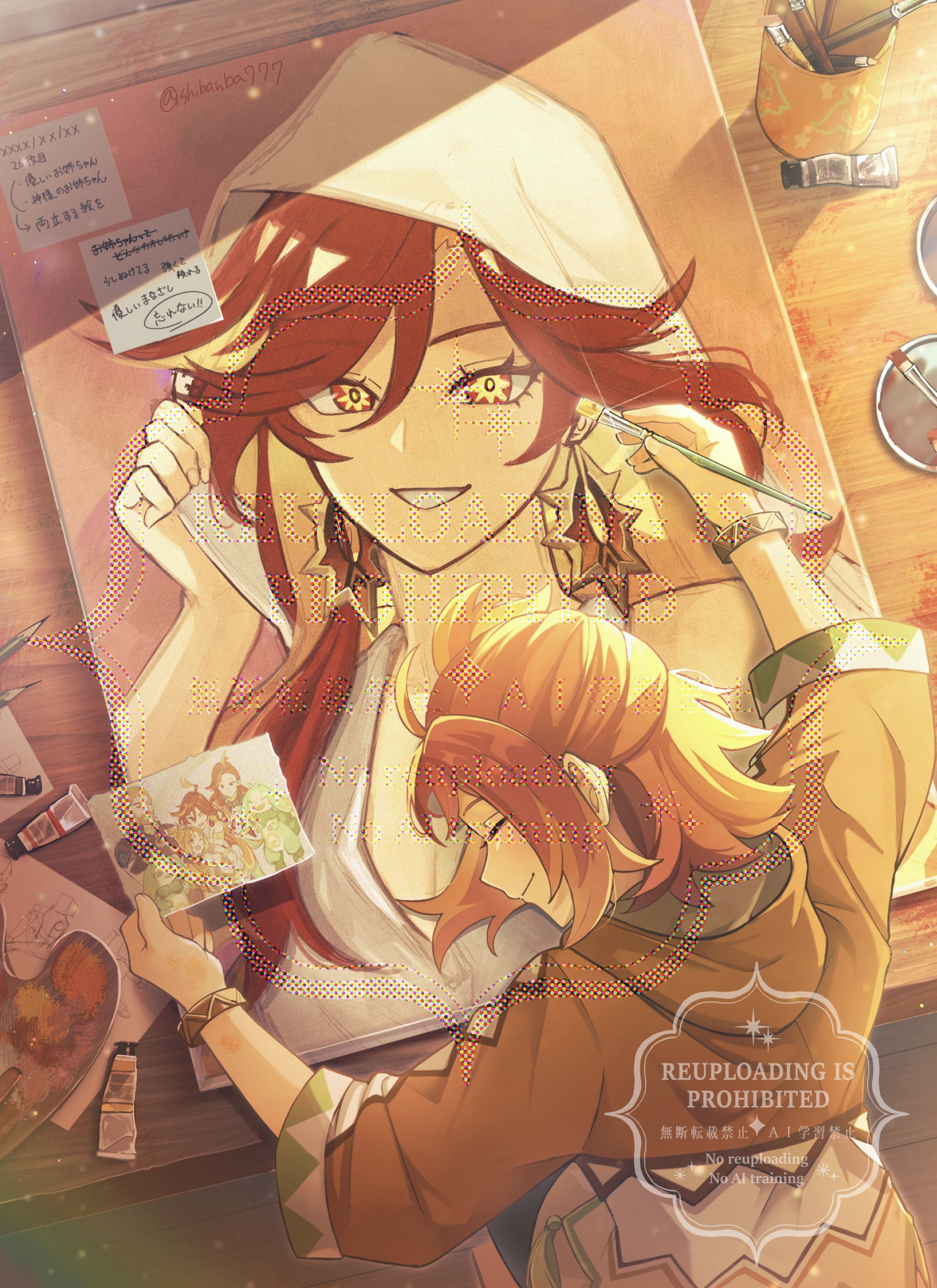 shiba (tonari no shiba inu), haumia (genshin impact), mavuika (genshin impact), genshin impact, absurdres, highres, 1boy, 3girls, breasts, closed mouth, earrings, hine (genshin impact), holding, holding photo, hood, hood up, jewelry, long hair, looking at viewer, mavuika's father (genshin impact), multicolored hair, multiple girls, orange eyes, orange hair, photo (object), red hair, siblings, sisters, smile, twitter username, very long hair, watermark