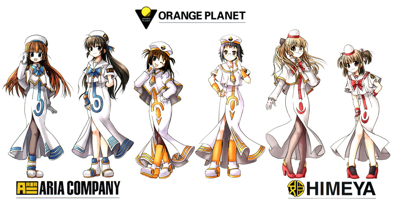 aria (manga), 00s, 6+girls, beret, black hair, blouse, brown eyes, brown hair, dress, emblem, full body, garrison cap, hat, long hair, multiple girls, pantyhose, shirt, short hair, short sleeves, simple background, standing, very long hair, white background, white dress, white shirt