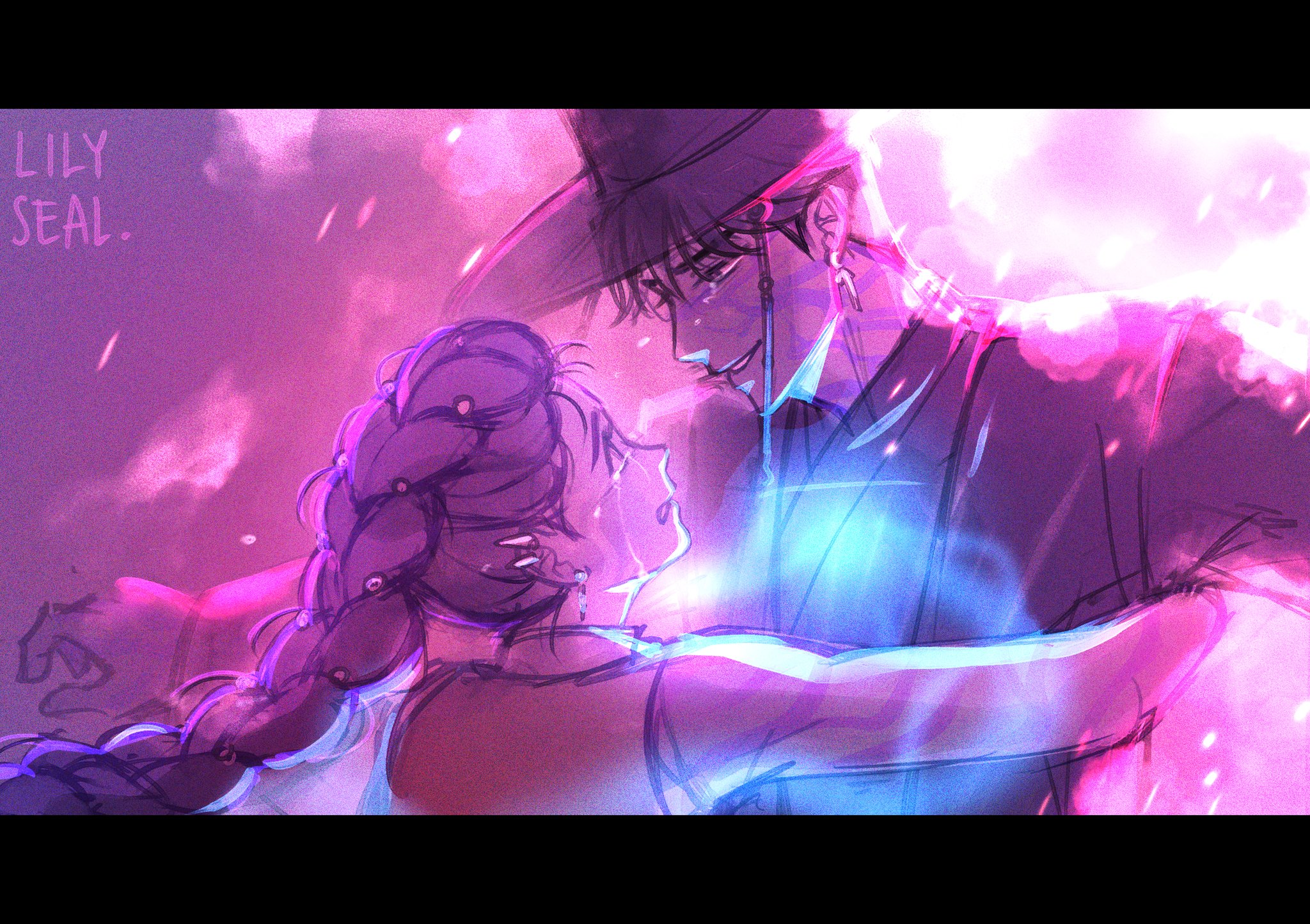 jinu (kpop demon hunters), rumi (kpop demon hunters), kpop demon hunters, commentary, english commentary, highres, 1boy, 1girl, artist name, black hair, body markings, braid, braided ponytail, earrings, eye contact, gat (hat), hat, hug, jewelry, letterboxed, lily seal, looking at another, sleeveless, smile, tears, upper body
