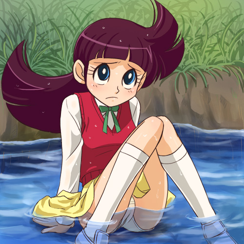 haruyama kazunori, takayama yuri, tsurikichi sanpei, lowres, 1girl, blue eyes, female focus, kneehighs, long hair, panties, pantyshot, partially submerged, purple hair, school uniform, sitting, skirt, socks, solo, sweater vest, underwear, upskirt, water, wet, white socks