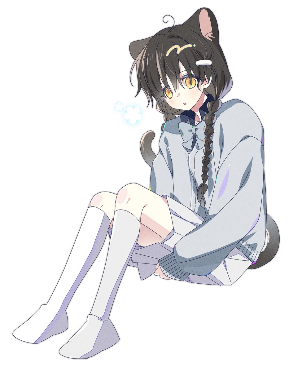 yalmyu, original, highres, 1girl, animal ears, blue bow, blue bowtie, blue sweater, blush, bow, bowtie, braid, brown hair, cat ears, cat girl, cat tail, full body, hair between eyes, kneehighs, long hair, long sleeves, open mouth, pleated skirt, shoes, simple background, sitting, skirt, socks, solo, sweater, tail, twin braids, white background, white shoes, white skirt, white socks, yellow eyes