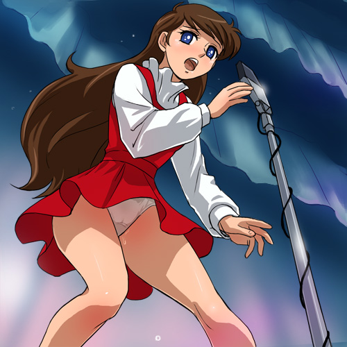 haruyama kazunori, mine nozomi, sasurai no taiyou, lowres, 1970s (style), 1girl, blue eyes, brown hair, cable, cameltoe, curtains, dress, female focus, from below, glowing, legs, long hair, microphone, microphone stand, music, oldschool, open mouth, panties, pantyshot, pussy juice, retro artstyle, short dress, singing, solo, standing, turtleneck, underwear, upskirt, very long hair, wavy hair, white panties