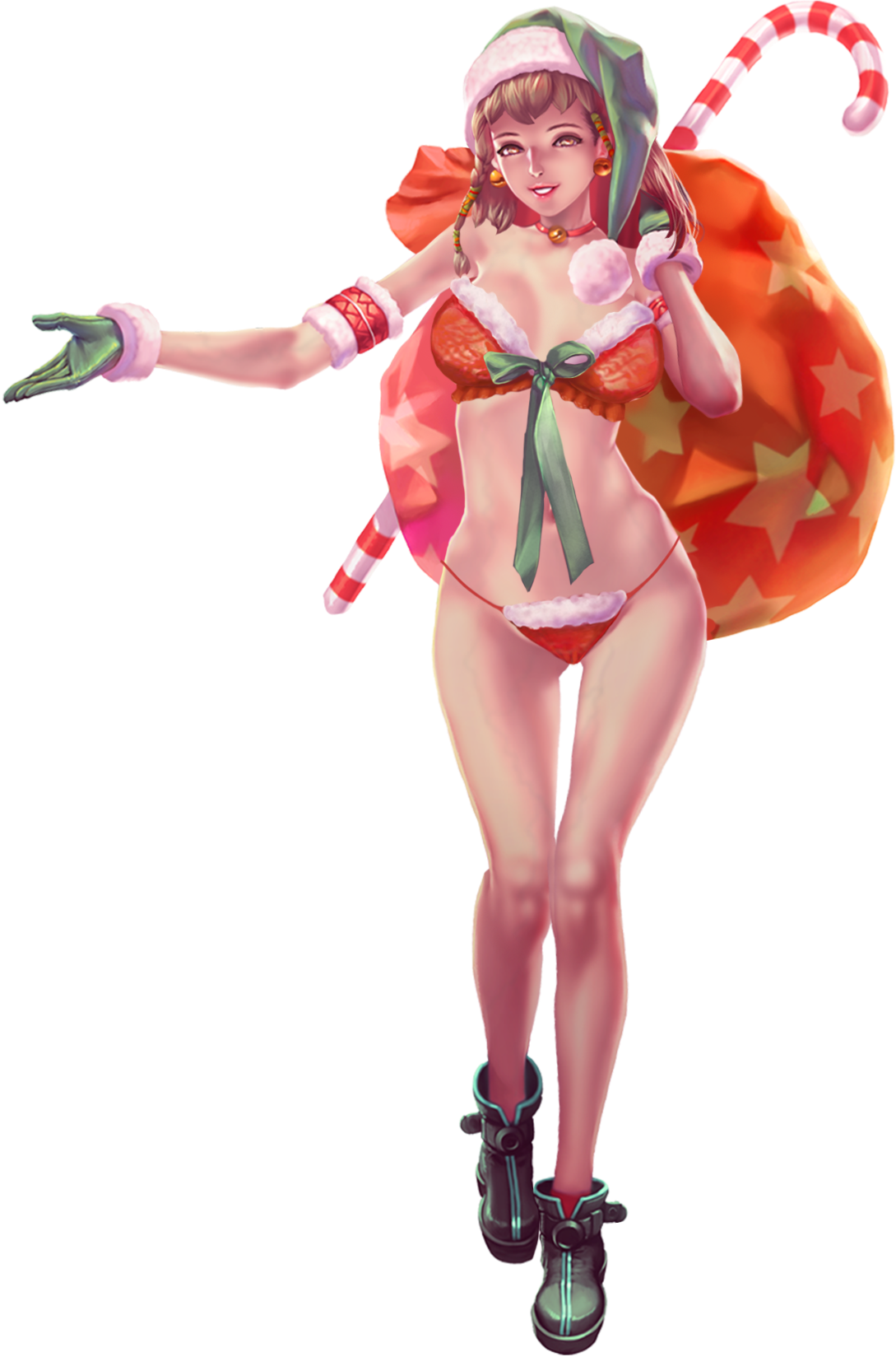 naku (crystal maidens), crystal maiden (series), artist request, game cg, highres, official art, variant set, 1girl, bare legs, bare shoulders, bell, bow, braid, breasts, brown hair, candy, cleavage, collar, food, full body, gloves, green bow, hat, jingle bell, jingle bell earrings, navel, pantyhose, santa hat, shoes, short hair, smile, solo, star (symbol), star print, transparent background