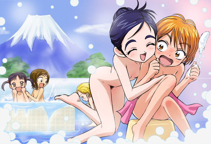 haruyama kazunori, kagayama miu, kujou hikari, misumi nagisa, tabata nao, yukishiro honoka, futari wa precure, futari wa precure max heart, precure, 00s, 5girls, :d, :o, alternate hairstyle, antenna hair, barefoot, bath, bath stool, bathhouse, bathing, bent over, black hair, blonde hair, blue hair, blush, brown eyes, brown hair, bubble, clenched hands, closed eyes, cloud, completely nude, convenient arm, convenient leg, day, embarrassed, feet, flat chest, foam, full body, groin, groping, hair bobbles, hair bun, hair ornament, hair up, hand on another's shoulder, happy, indoors, knee up, laughing, leaning forward, loli, looking at another, looking down, mount fuji, mountain, multiple girls, nose blush, nude, open mouth, orange eyes, orange hair, outdoors, painting (object), partially submerged, profile, same-sex bathing, shared bathing, short hair, short twintails, single hair bun, sitting, sky, smile, soap bubbles, soles, spilling, splashing, squatting, stool, surprised, thick eyebrows, thigh grab, tile floor, tiles, toes, towel, towel on legs, tree, twintails, water, wet, wide-eyed, yuri