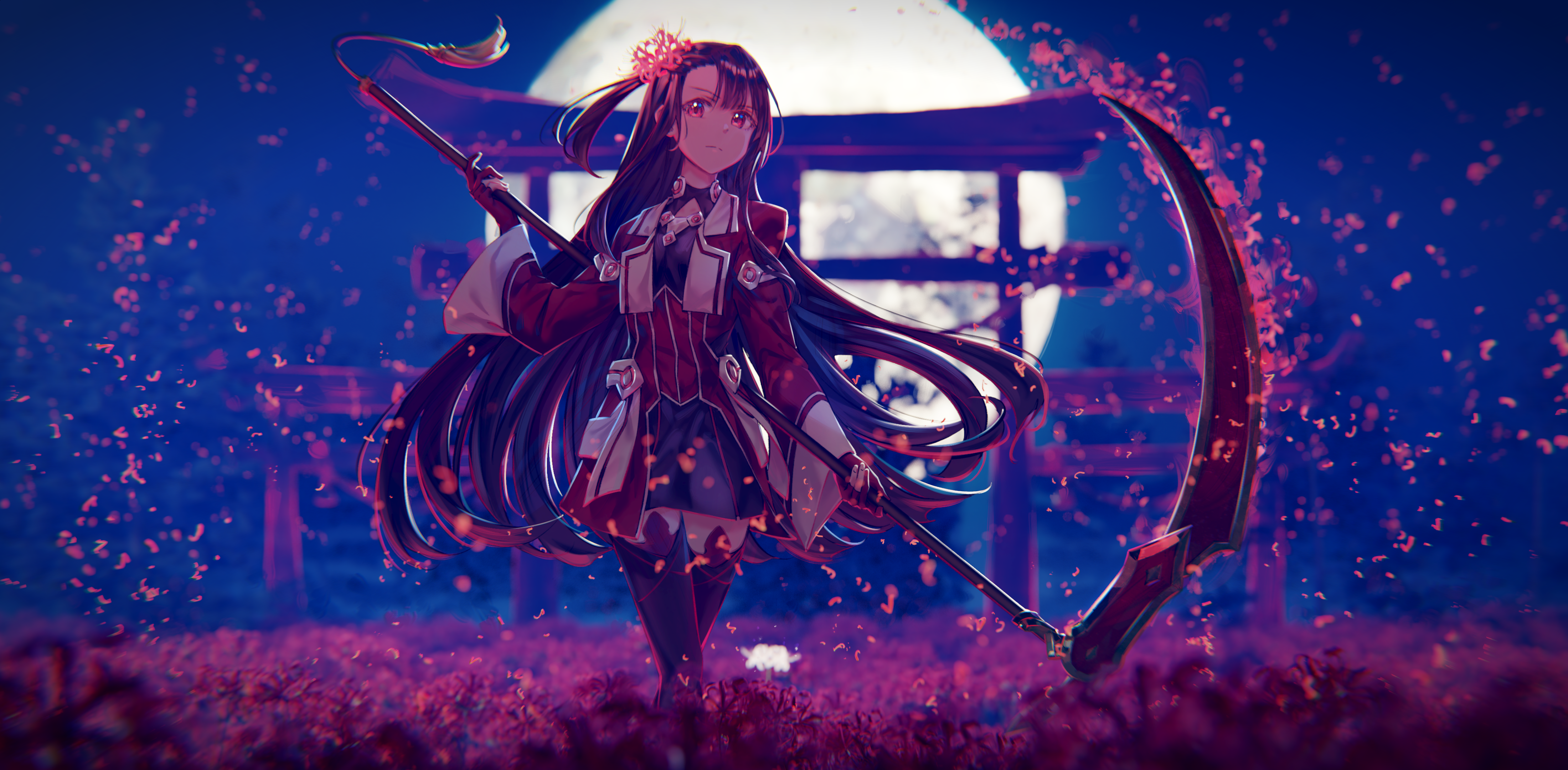 itaro, koori chikage, nogi wakaba wa yuusha de aru, yuusha de aru, absurdres, highres, 1girl, 3d background, closed mouth, flower, holding, holding scythe, holding weapon, long hair, scythe, solo, very long hair, weapon