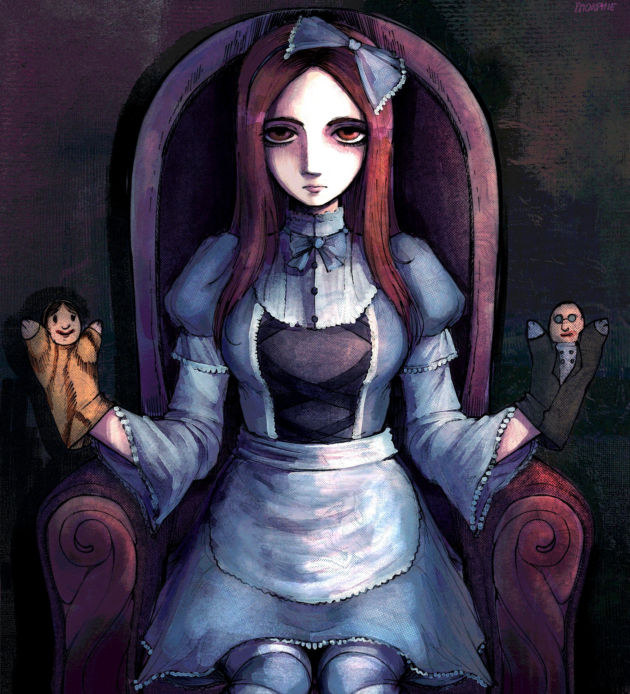 crimescenepartz, commentary, highres, 1girl, alisa (alisa), alisa (game), armchair, artist name, blue bow, blue dress, bow, breasts, canvas texture, chair, closed mouth, dress, faux traditional media, feet out of frame, frilled dress, frilled sleeves, frills, hair bow, hand puppet, indoors, long hair, looking at viewer, medium breasts, painterly, puppet, red eyes, red hair, sitting, solo, straight-on