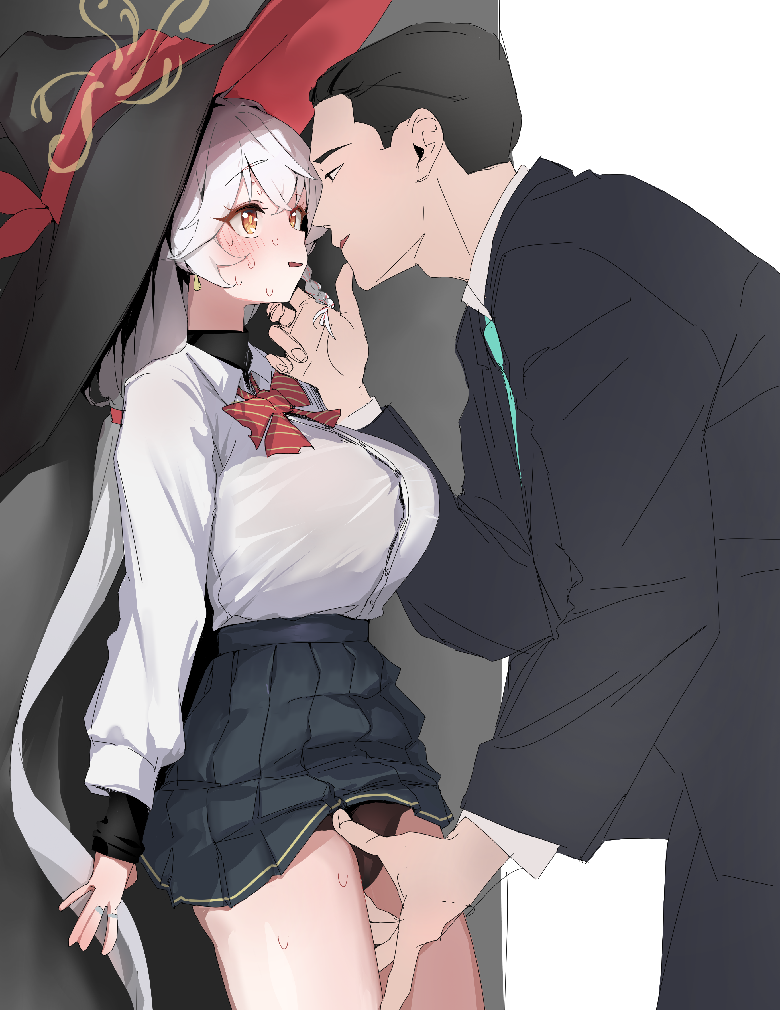meyu, eri (blue archive), blue archive, absurdres, highres, 1boy, 1girl, against wall, black hat, black panties, black skirt, bow, bowtie, breasts, eye contact, hat, hetero, large breasts, long hair, looking at another, panties, red bow, red bowtie, shirt, skirt, standing, underwear, white hair, white shirt, witch hat