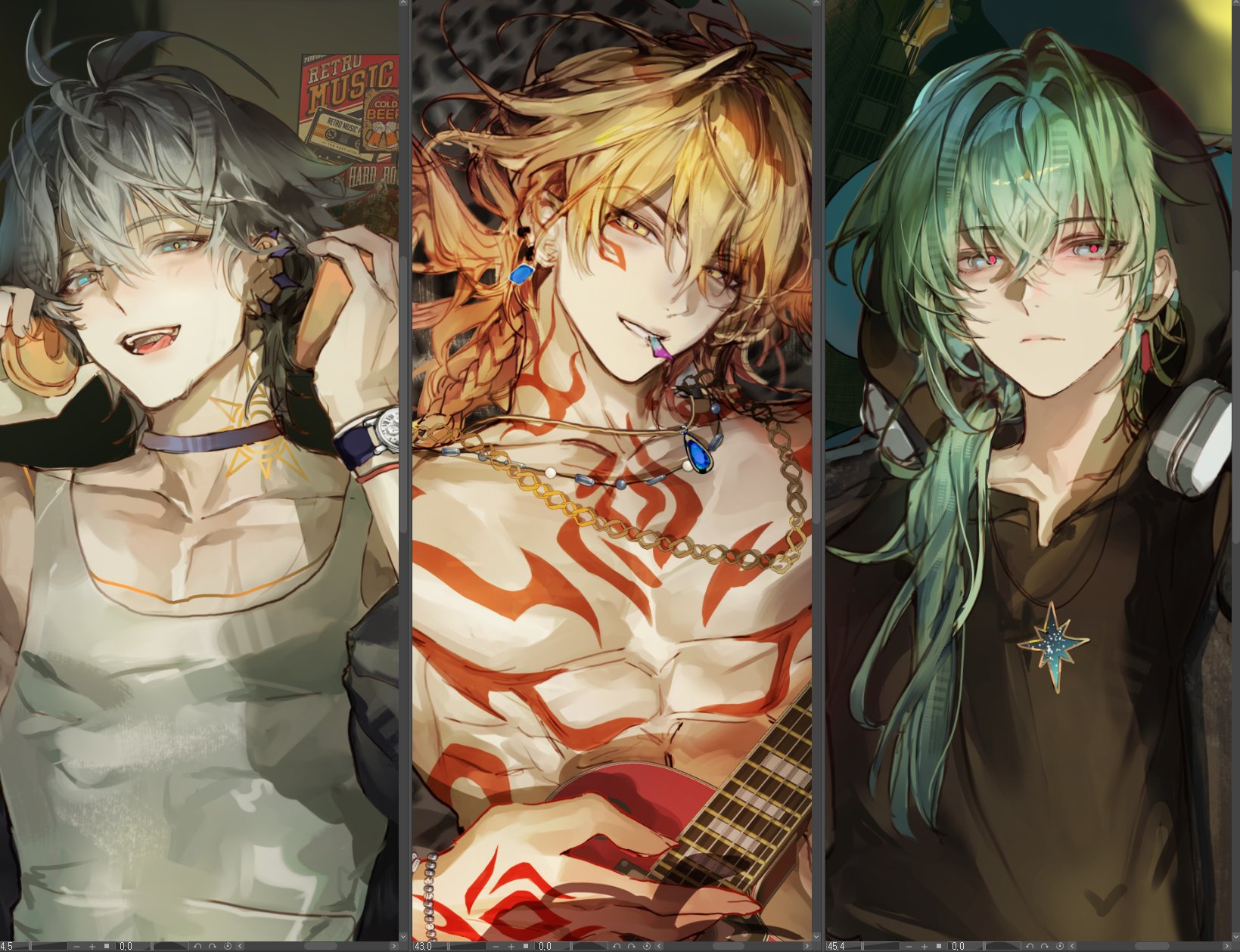 kkuekkue (chifer1958), anaxa (honkai: star rail), mydei (honkai: star rail), phainon (honkai: star rail), honkai: star rail, honkai (series), highres, 3boys, antenna hair, aqua eyes, aqua hair, arm tattoo, black choker, black hoodie, black jacket, black shirt, blonde hair, blue eyes, braid, chest tattoo, choker, collarbone, electric guitar, facial tattoo, gibson les paul, gold tattoo, gradient hair, guitar, hair between eyes, holding, holding instrument, hood, hood up, hoodie, instrument, jacket, male focus, medium hair, mouth hold, multicolored hair, multiple boys, neck tattoo, open clothes, open jacket, open shirt, red hair, red tattoo, shirt, short hair, side braid, sun symbol, sun tattoo, tan, tank top, tattoo, topless male, upper body, white hair, white tank top, yellow eyes