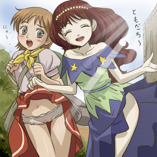 haruyama kazunori, gerda (the snow queen), lili (the snow queen), the snow queen, lowres, translation request, 00s, 2girls, ^ ^, assisted exposure, backpack, bag, bare shoulders, beads, belt, bloomers, blush, brown hair, cameltoe, closed eyes, clothes lift, cowboy shot, day, dress, embarrassed, freckles, grey eyes, hairband, light rays, long hair, looking at viewer, medium hair, multiple girls, off shoulder, open mouth, outdoors, pale skin, panties, pantyshot, randoseru, red eyes, short hair, short sleeves, skirt, skirt lift, standing, star (symbol), sunbeam, sunlight, surprised, thigh gap, thighs, tree, underwear, very long hair