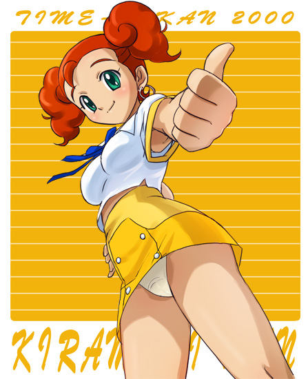 haruyama kazunori, lip (kiramekiman), kaitou kiramekiman, tatsunoko production, time bokan (series), 1girl, armpit peek, copyright name, cowboy shot, dutch angle, earrings, female focus, green eyes, hand on own hip, jewelry, midriff, orange hair, panties, solo, thumbs up, twintails, underwear
