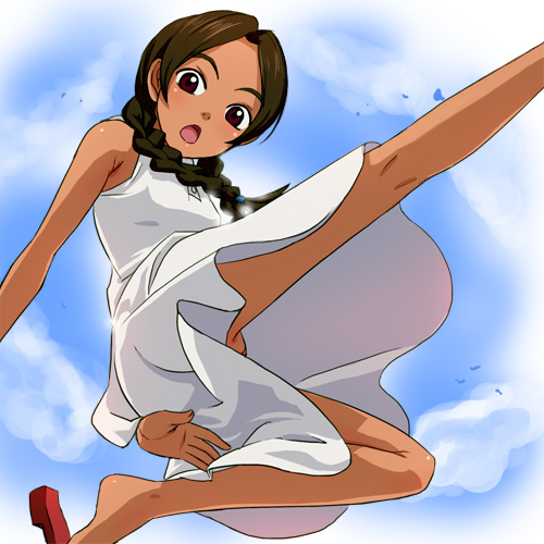 haruyama kazunori, asahina arumi, abenobashi mahou shoutengai, lowres, 00s, 1girl, braid, cloud, dress, female focus, kicking, loli, long hair, no panties, pussy, pussy peek, skirt, sky, solo, twin braids, upskirt