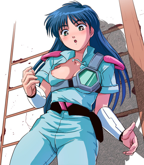 haruyama kazunori, apple (zillion), akai koudan zillion, 1girl, blue hair, breasts, female focus, nipple slip, nipples, small breasts, solo, wardrobe malfunction