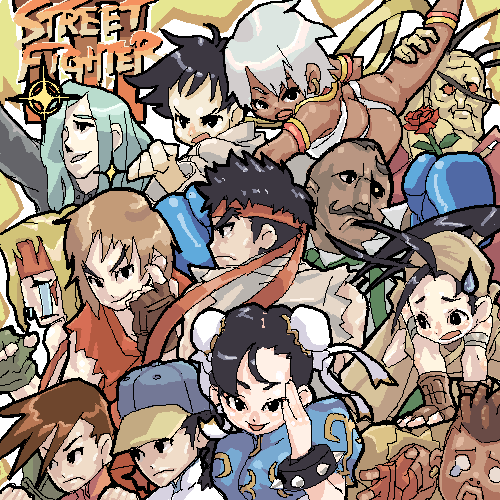 mitarashi, mitarashi (ino niban chaya), alex (street fighter), chun-li, dudley, elena (street fighter), ibuki (street fighter), ken masters, makoto (street fighter), oro, oro (street fighter), remy (street fighter), ryu (street fighter), sean matsuda, yang lee, yun lee, capcom, street fighter, street fighter iii (series), lowres, 4girls, 6+boys, dark-skinned female, dark-skinned male, dark skin, everyone, multiple boys, multiple girls, ninja, oekaki