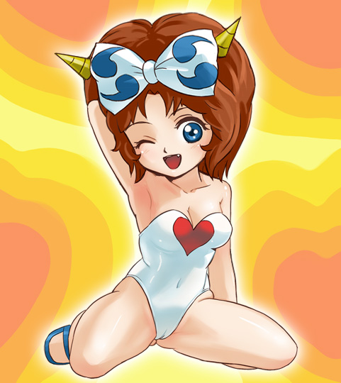 haruyama kazunori, suzuki manami, doteraman, 1980s (style), 1girl, ;d, arm behind head, arm up, armpits, bare legs, blue eyes, blue shoes, blush, bow, breasts, brown hair, cameltoe, camisole, cleavage, collarbone, covered navel, fang, female focus, full body, hair bow, heart, heart background, heart print, horns, leotard, long hair, looking at viewer, medium breasts, no socks, oldschool, one eye closed, open mouth, retro artstyle, shoes, sitting, skin tight, smile, solo, strapless, strapless leotard, tareme, wariza, white leotard