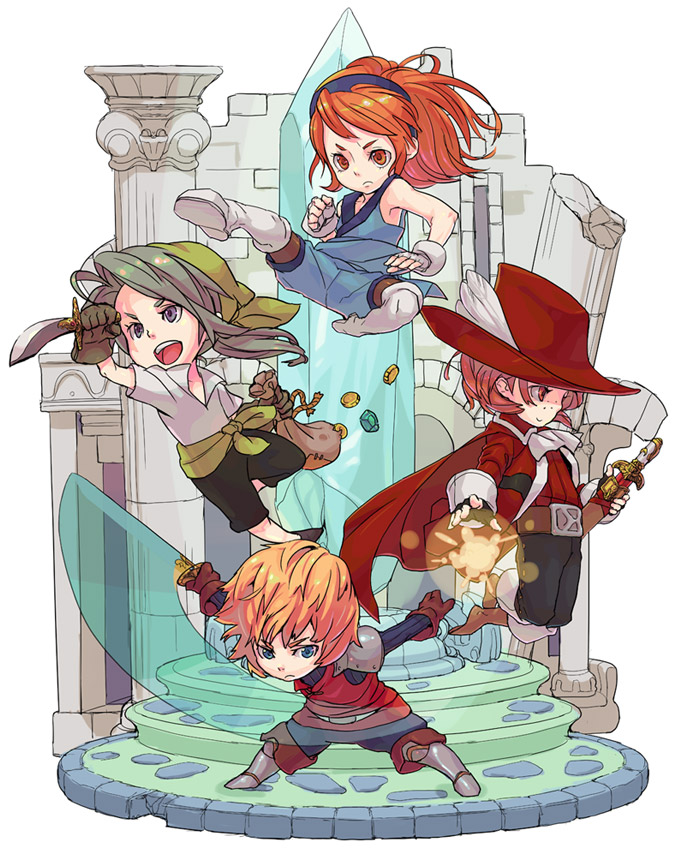 mitarashi, mitarashi (ino niban chaya), arc (ff3), ingus, luneth, monk (final fantasy), red mage (final fantasy), refia, thief (final fantasy), warrior (final fantasy), final fantasy, final fantasy iii, square enix, 1990s (style), 1girl, 3boys, armor, cape, chibi, flying kick, gem, hat, kicking, multiple boys, retro artstyle, sword, warrior, weapon