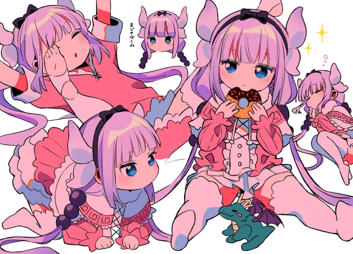 sanamaru (sana79261827), kanna kamui, kobayashi-san chi no maidragon, 1girl, all fours, arms up, blue eyes, closed eyes, donut, dress, eating, food, holding, holding donut, holding food, multiple views, pink dress, simple background, sitting, sleeping, solo, sparkle, thighhighs, white background, white thighhighs