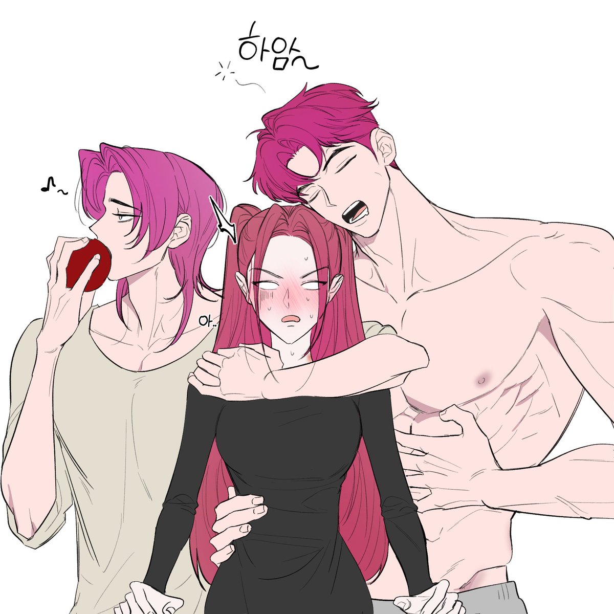 abby (kpop demon hunters), mira (kpop demon hunters), romance (kpop demon hunters), kpop demon hunters, commentary request, highres, korean commentary, 1girl, 2boys, apple, black dress, blush, closed mouth, dress, food, fruit, holding, holding food, hug, hug from behind, long hair, long sleeves, medium hair, multiple boys, muscular, muscular male, musical note, pink hair, se0nil5, short hair, sidelocks, simple background, sweatdrop, topless female, twintails, white background, yawning
