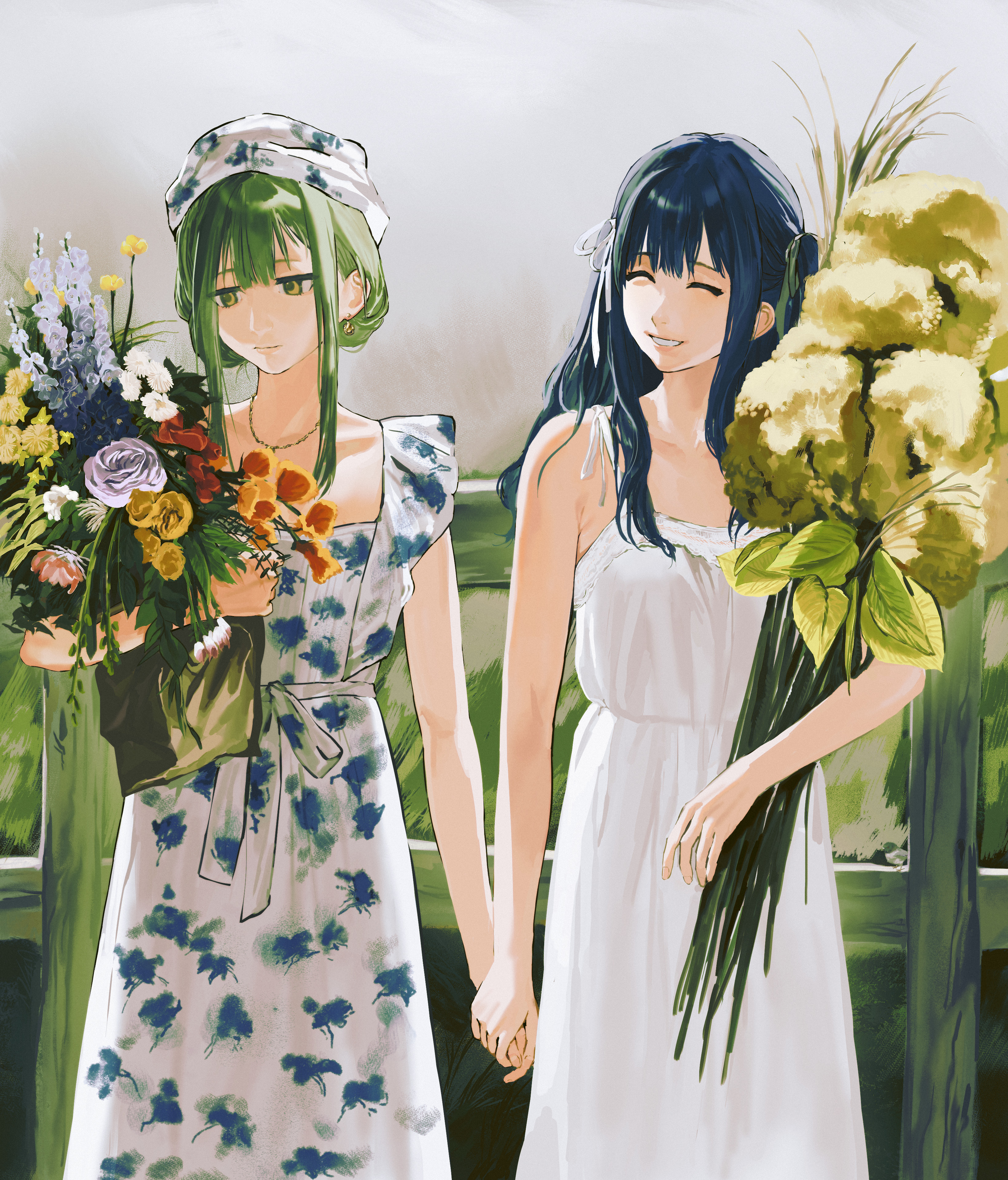 rainbow hose, togawa sakiko, wakaba mutsumi, bang dream!, bang dream! it's mygo!!!!!, absurdres, highres, 2girls, ^ ^, averting eyes, blue hair, bonnet, bouquet, closed eyes, closed mouth, double-parted bangs, dress, earrings, fence, floral background, floral print, flower, green hair, hair between eyes, hair bun, hair ribbon, holding, holding bouquet, holding flower, holding hands, jewelry, lavender (flower), long hair, looking at another, medium hair, multiple girls, open mouth, ribbon, rose, scenery, sidelocks, sleeveless, smile, sundress, tied dress, two side up, white dress, wrap dress, yellow eyes, yuri