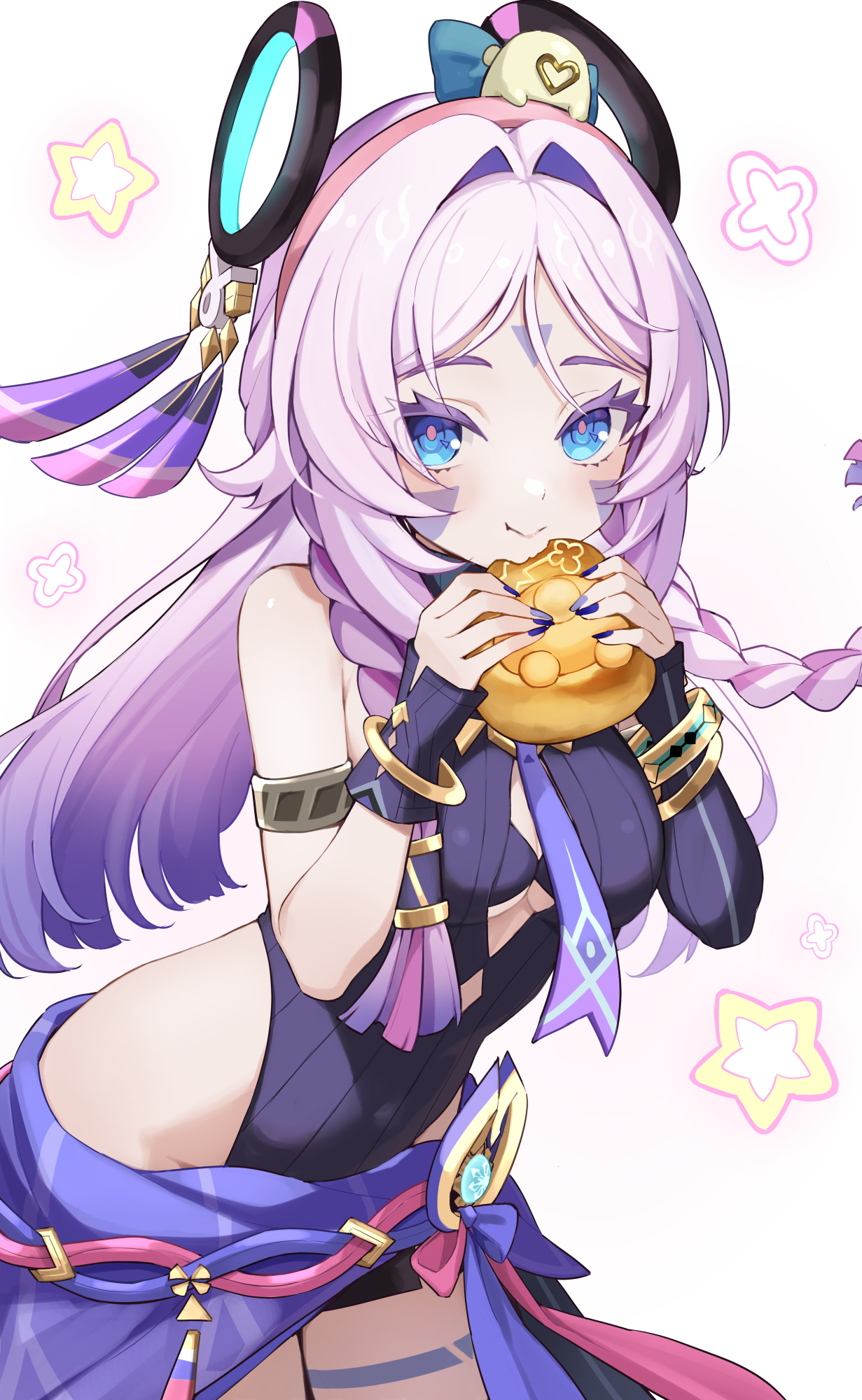 ura (hamburg oniku), citlali (genshin impact), genshin impact, highres, 1girl, asymmetrical gloves, bare shoulders, black gloves, blue eyes, braid, breasts, cleavage, closed mouth, eating, elbow gloves, facial mark, fingerless gloves, floating hair, food, forehead mark, gloves, holding, holding food, leotard, long hair, pink hair, pink pupils, purple sarong, sarong, simple background, smile, solo, triangle, triangle facial mark, twin braids, uneven gloves, white background