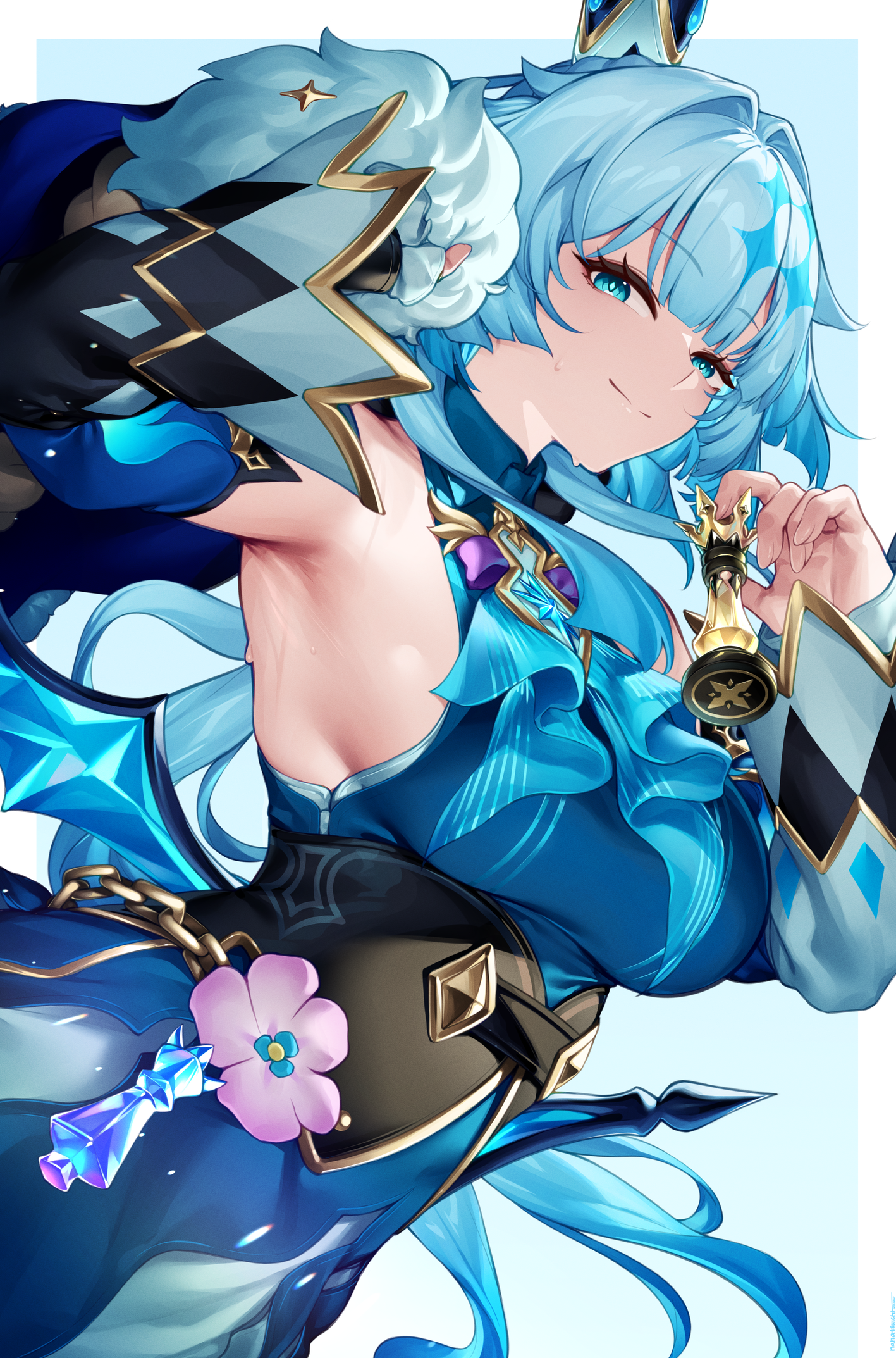nanatsuichi, cerydra (honkai: star rail), honkai: star rail, honkai (series), commentary, english commentary, highres, 1girl, armpits, blue background, blue dress, blue eyes, blue hair, border, breasts, chess piece, crown, detached sleeves, dress, hair intakes, holding, holding chess piece, large breasts, looking at viewer, mini crown, queen (chess), sideboob, sleeveless, sleeveless dress, smile, solo, sweat, upper body, white border