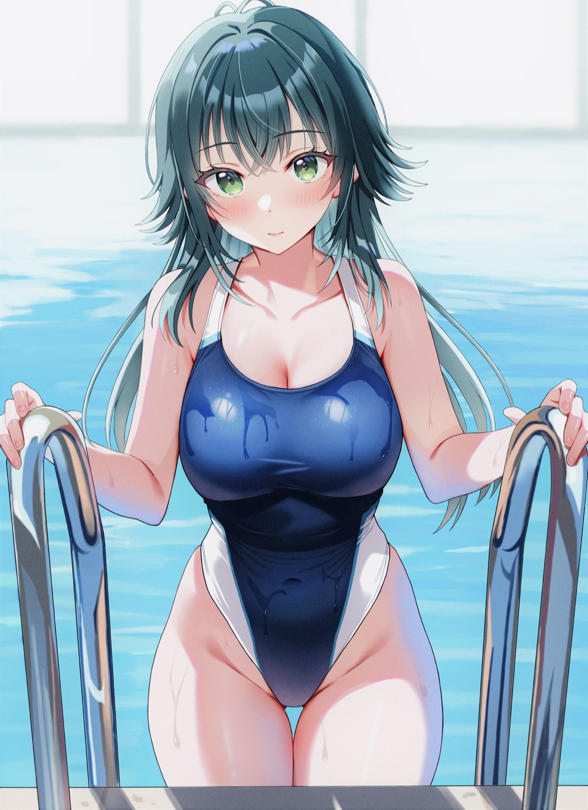 wds666, tsukimura temari, gakuen idolmaster, idolmaster, commentary request, highres, 1girl, blue hair, blue one-piece swimsuit, blush, breasts, cleavage, collarbone, competition swimsuit, green eyes, hair between eyes, large breasts, long hair, one-piece swimsuit, pool, pool ladder, solo, swimsuit, water