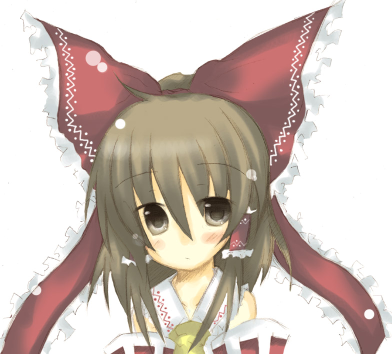 hakurei reimu, imperishable night, touhou, silver hair, 1girl, ascot, bare shoulders, bow, brown eyes, brown hair, collar, detached sleeves, female focus, hair bow, hair tubes, long sleeves, looking at viewer, red bow, sidelocks, solo, upper body, vest