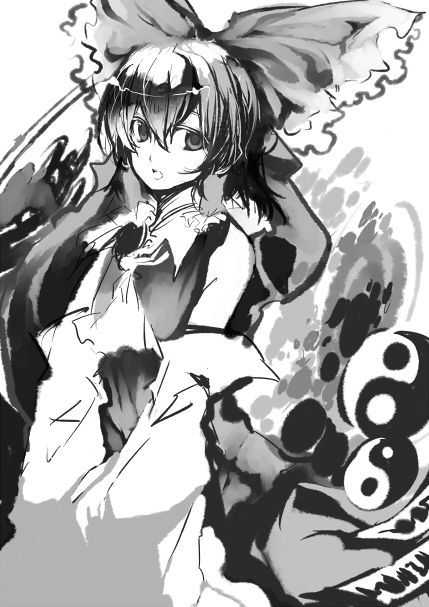 hakurei reimu, touhou, 1girl, ascot, bow, detached sleeves, female focus, frilled bow, frills, greyscale, hair between eyes, hair bow, hair tubes, japanese clothes, long hair, looking at viewer, miko, monochrome, open mouth, sketch, solo, upper body, yin yang