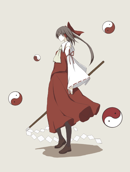 kajiki, hakurei reimu, touhou, beige background, 1girl, black hair, black pantyhose, bow, brown eyes, colored skin, detached sleeves, dress, female focus, from side, full body, hair bow, holding, holding weapon, long sleeves, pantyhose, polearm, profile, red dress, simple background, solo, standing, stick, weapon, white skin, yin yang