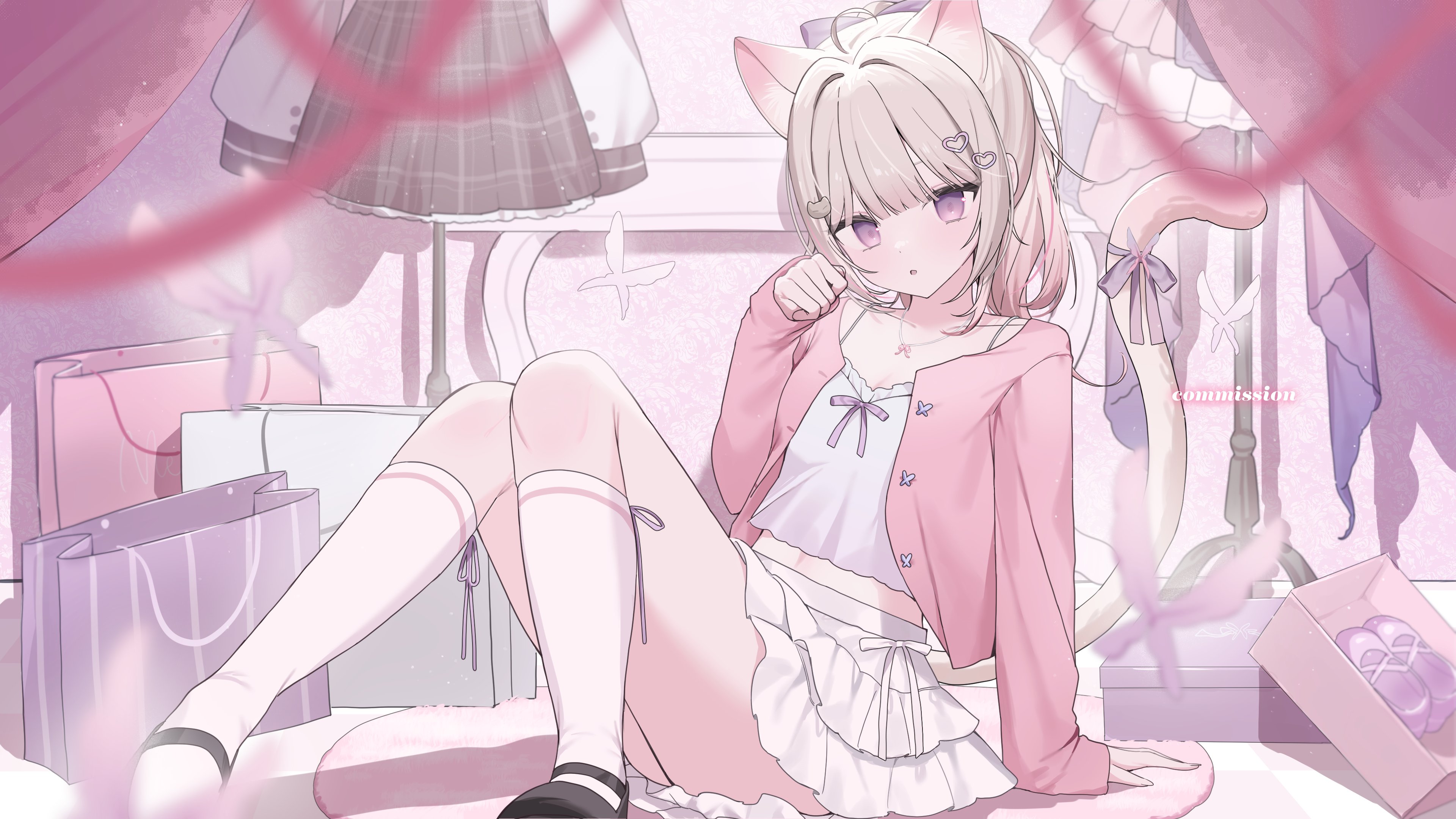 kohaku sogo, original, absurdres, highres, 1girl, animal ears, bag, blush, breasts, brown hair, cardigan, gradient hair, hair ornament, jewelry, kneehighs, long sleeves, looking at viewer, medium breasts, midriff, multicolored hair, navel, necklace, open cardigan, open clothes, parted lips, pink cardigan, pink hair, purple eyes, shoe box, shoes, shopping bag, sitting, skirt, socks, solo, tank top, white skirt, white socks, white tank top