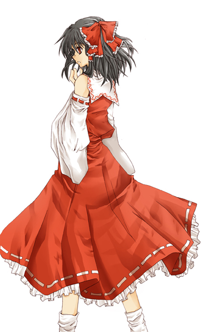 hakurei reimu, touhou, 1girl, black hair, detached sleeves, female focus, japanese clothes, miko, red eyes, short hair, solo